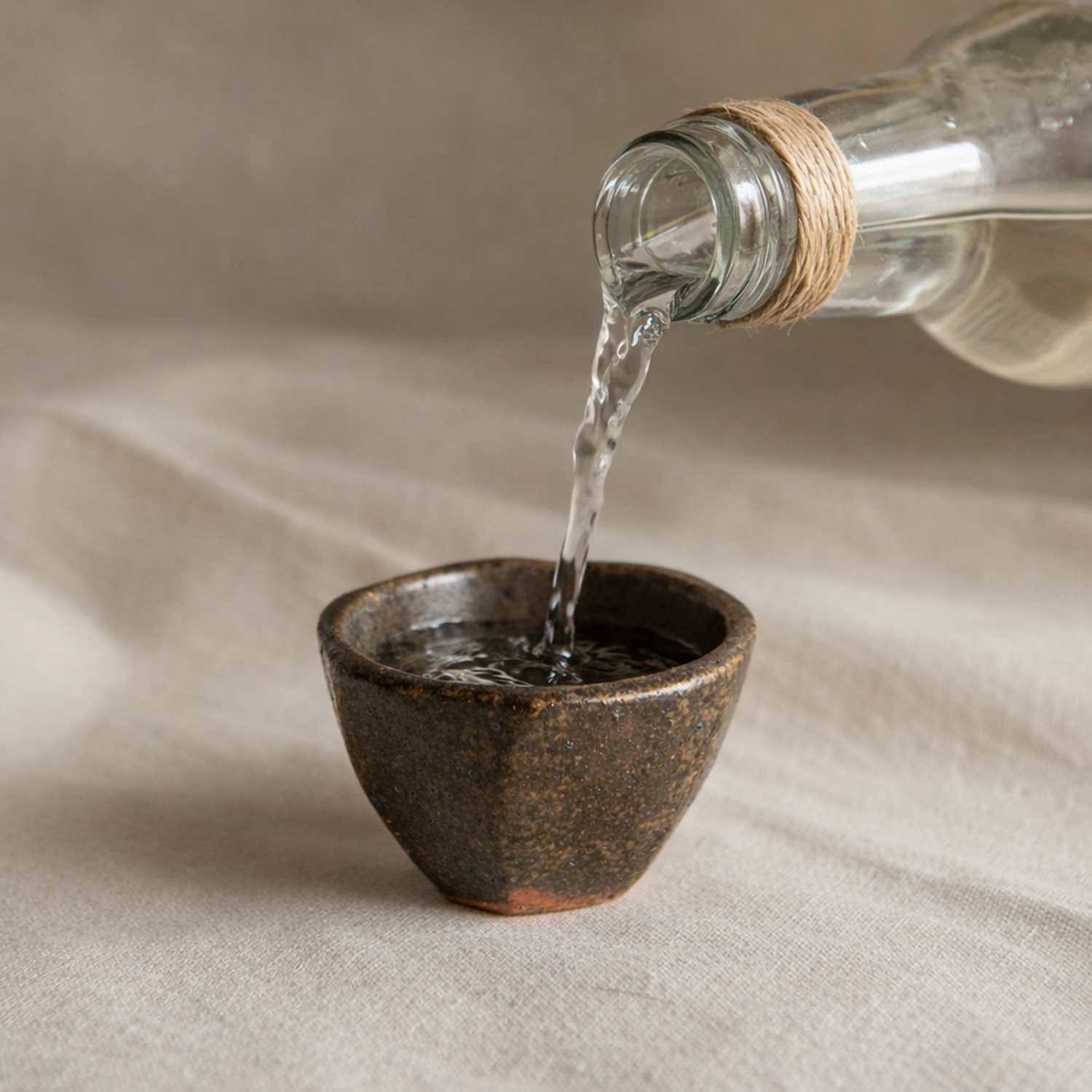 Cuenco mezcalero de gres de Lalo Vallejo en uso con botella de mezcal. Imagen generada con IA.